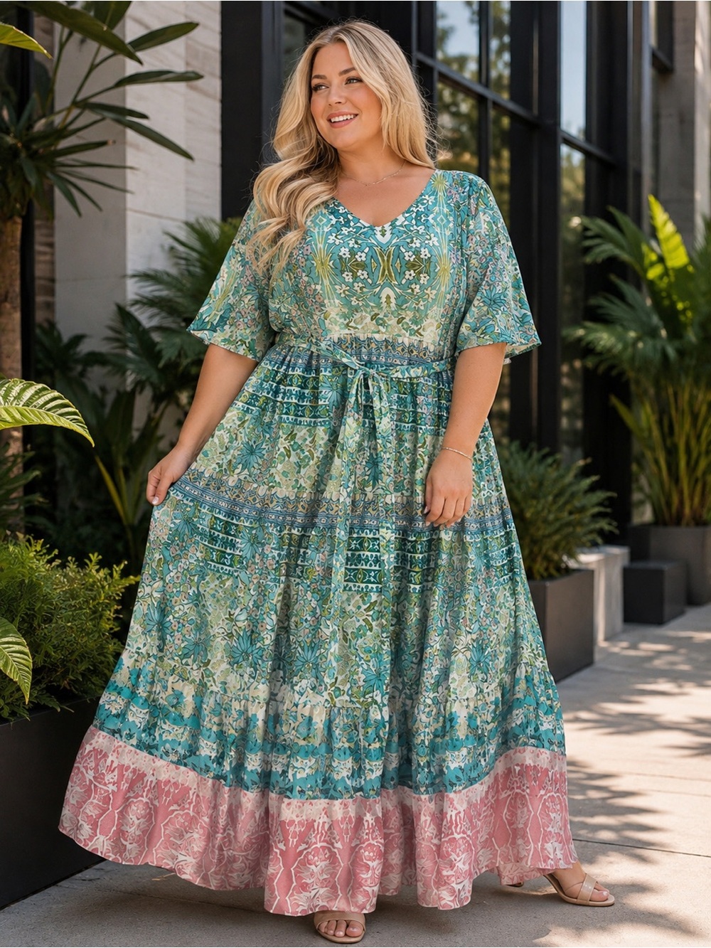 2X size 20 Avenue Floral V-Neck Maxi Dress with Tie Waist - Green & Pink